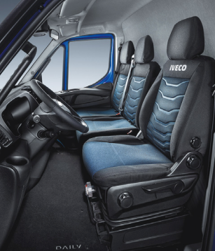 Sitzbezug FAHRERSITZ für Iveco Daily mit Aussparung für Armlehne und Aussparung für Drehknopf der Lordosenstütze LINIE BLUE INSTINCT, Originalstoff in Blau und Schwarz aus atmungsaktiver Mikrofaser, personalisiert mit IVECO-Logo - 500051474