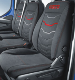 Housse de siège Iveco Daily PREMIUM RED Tissu d'origine en microfibre respirante personnalisé avec logo IVECO et inserts rouges. Housse CONDUCTEUR avec ouverture pour accoudoir et ouverture pour molette de réglage lombaire - 500050887