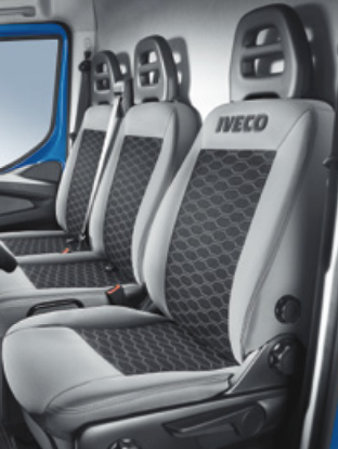 Fodera Sedile Iveco Daily PREMIUM SILVER Tessuto Techno Silk personalizzato con logo IVECO. Fodera AUTISTA con foro bracciolo e foro manopola di regolazione lombare - 500050893